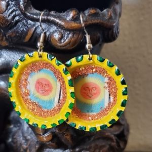 Mexican loteria El Sol handmade bottle cap earrings